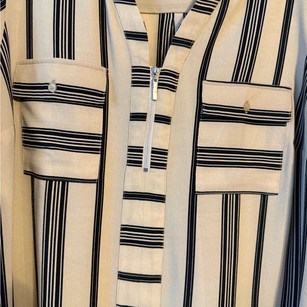 NY Collection Beige and Black Striped V-Neck Tunic - Picture 6 of 6
